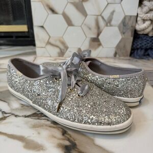 Kate Spade Keds Champion Silver Glitter Sneakers Satin Ribbon WF52390 Womens 8.5